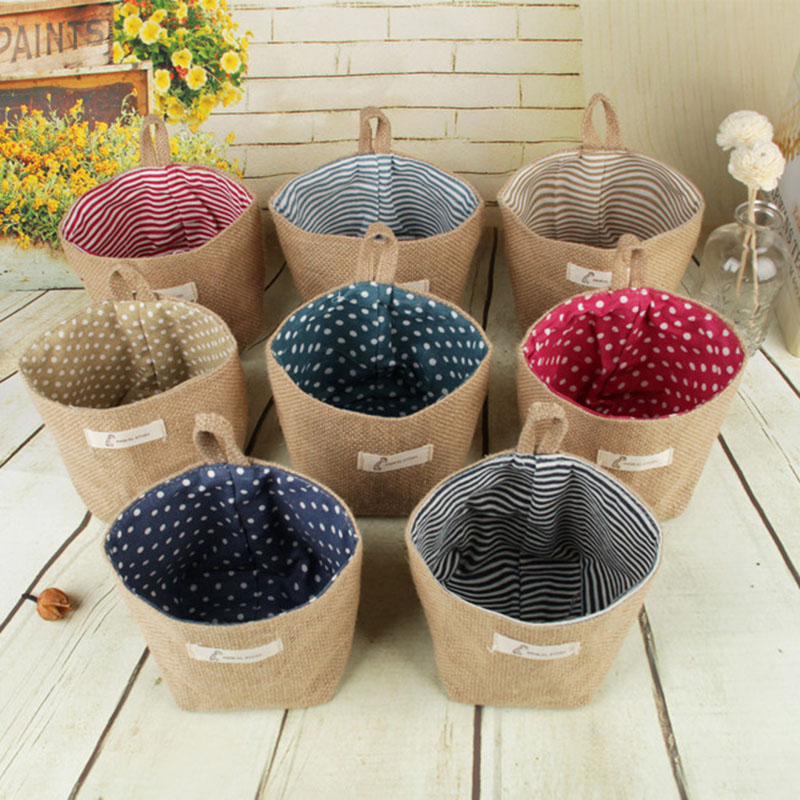 Linen Woven Storage Basket Polka Dot Small Storage Sack Cloth Hanging Non Woven Basket Buckets Bags Kids Toy Box