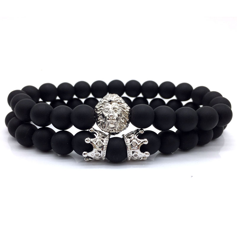 2pcs/set 2018 New Fashion Lion Crown Couple Charm With Lava Bead Bracelet Sets For Men Wristband Jewelry Accessories