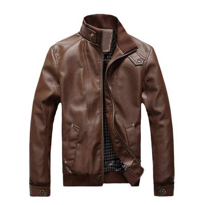 Wholesale- Mens Stand Collar Faux Leather Jackets Autumn Winter PU Motorcycle Jackets Slim Coat Overcoat Slim Zipper Outerwear 2J0001, Brown
Wholesale- Mens Stand Collar Faux Leather Jackets Autumn Winter PU Motorcycle Jackets Slim Coat Overcoat Slim Zipper Outerwear 2J0001, Brown