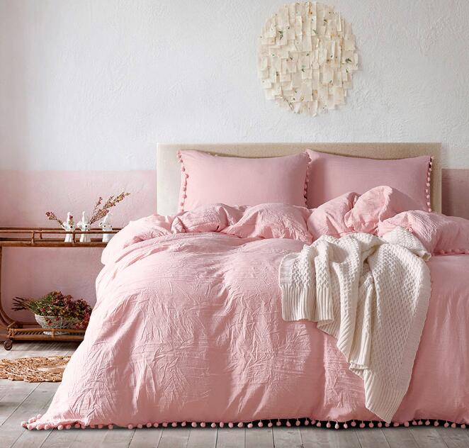Solid Color Bedding Set with Tassel Brief Chic Style Sheet Duvet Cover Pillowcase Home Wedding Decoration
