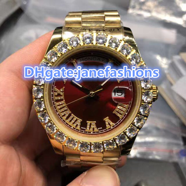 Red face Prong set diamond bezel luxury men's watches gold stainless steel watchband double calendar date automatic watches