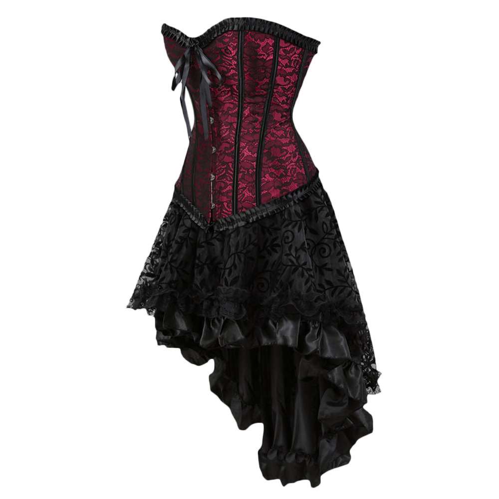 Gothic Floral Lace Up Corset Dress Showgirl Clubwear Lingerie Costume Burlesque Corset And Skirt Set Exotic W