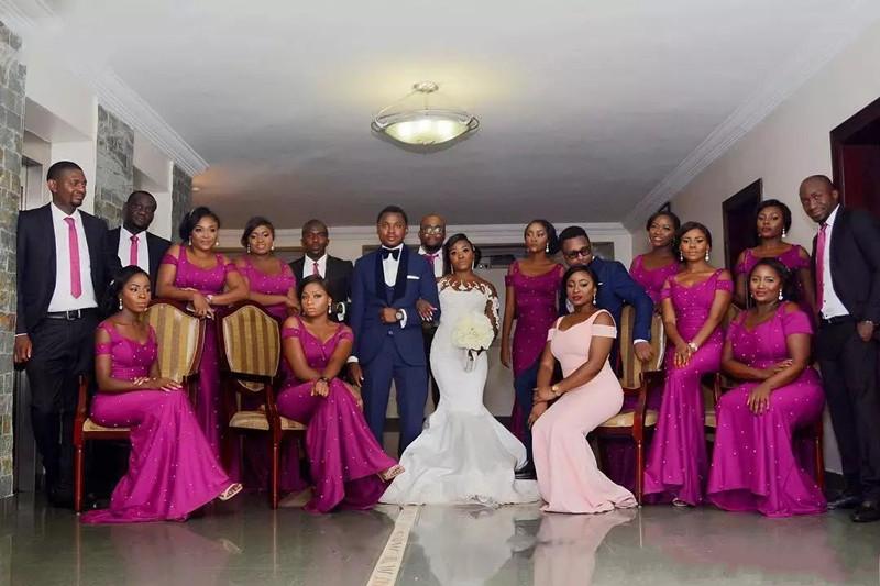 New Fuchsia Bridesmaid Dresses Off Shoulder Long For Weddings Guest Dress Satin Mermaid Pearls Nigeria African Maid Of Honor Gowns