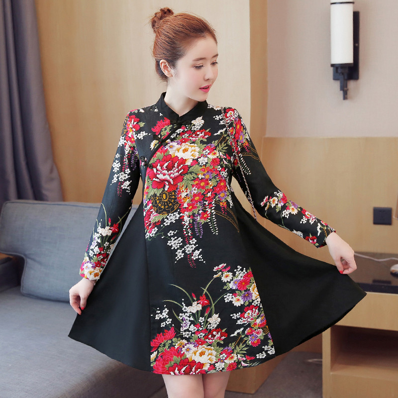 2017 Autumn Cotton Linen Qipao Dress Traditional Chinese Folk Style Improved Plate Buckle Printing A-Line Cheongsams Dresses