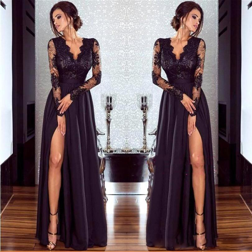 Sexy Split Long Sleeve Evening Dresses 2018 Cheap Black V Neck Lace Prom Dress Long Formal Gowns, Chocolate
Sexy Split Long Sleeve Evening Dresses 2018 Cheap Black V Neck Lace Prom Dress Long Formal Gowns, Chocolate