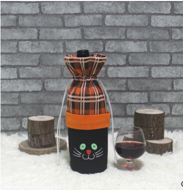 Halloween Red Wine Bottle Cloth Bag With Creative Cartoon Pumpkin Witch Black Cat Decoration Bottle Bags With Drawstring Closure