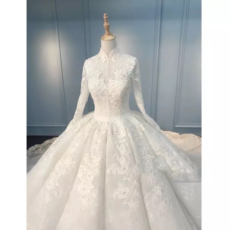 Top Quality Muslim Long Sleeve Wedding Dresses High Collar Puffy Skirt Pretty Lace and Tulle Islamic Bridal Gowns Custom Made