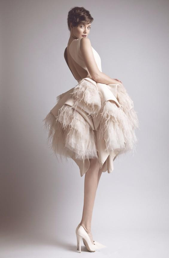 Luxury 2018 Evening Dresses With Feathers Ashi Studio Jewel Neck Open Backless Satin Layered Knee Length A Line Prom Gowns