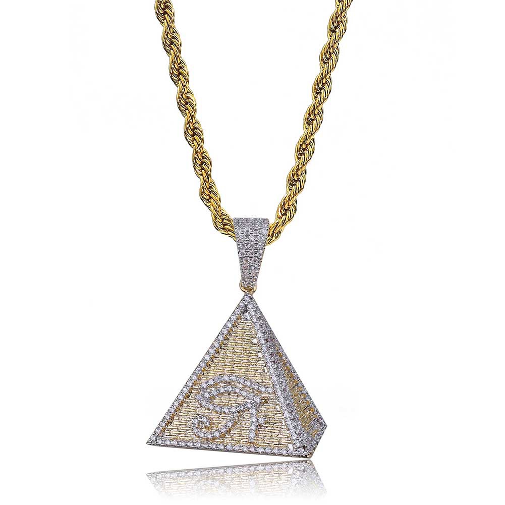 Hip Hop Iced Out Gold Color Plated Egyptian Pyramid Eye of Horus Pendant Necklace Micro Paved CZ Chram Jewelry
Hip Hop Iced Out Gold Color Plated Egyptian Pyramid Eye of Horus Pendant Necklace Micro Paved CZ Chram Jewelry