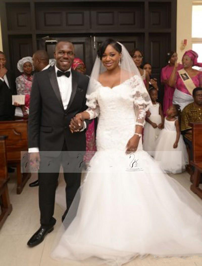 Elegant African Mermaid Lace 3/4 Long Sleeve Court Train Plus Size Bridal Gown For Black Women Country Wedding Dresses Cheap 0521