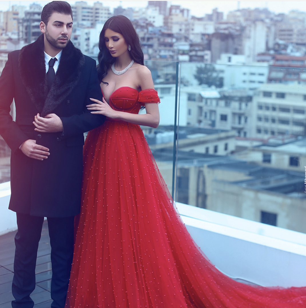 Hot Sale Off The Shoulder Prom Dress Red Tulle Handmade Major Beading Customized Lace Up Back Evening Dresses With High Quality