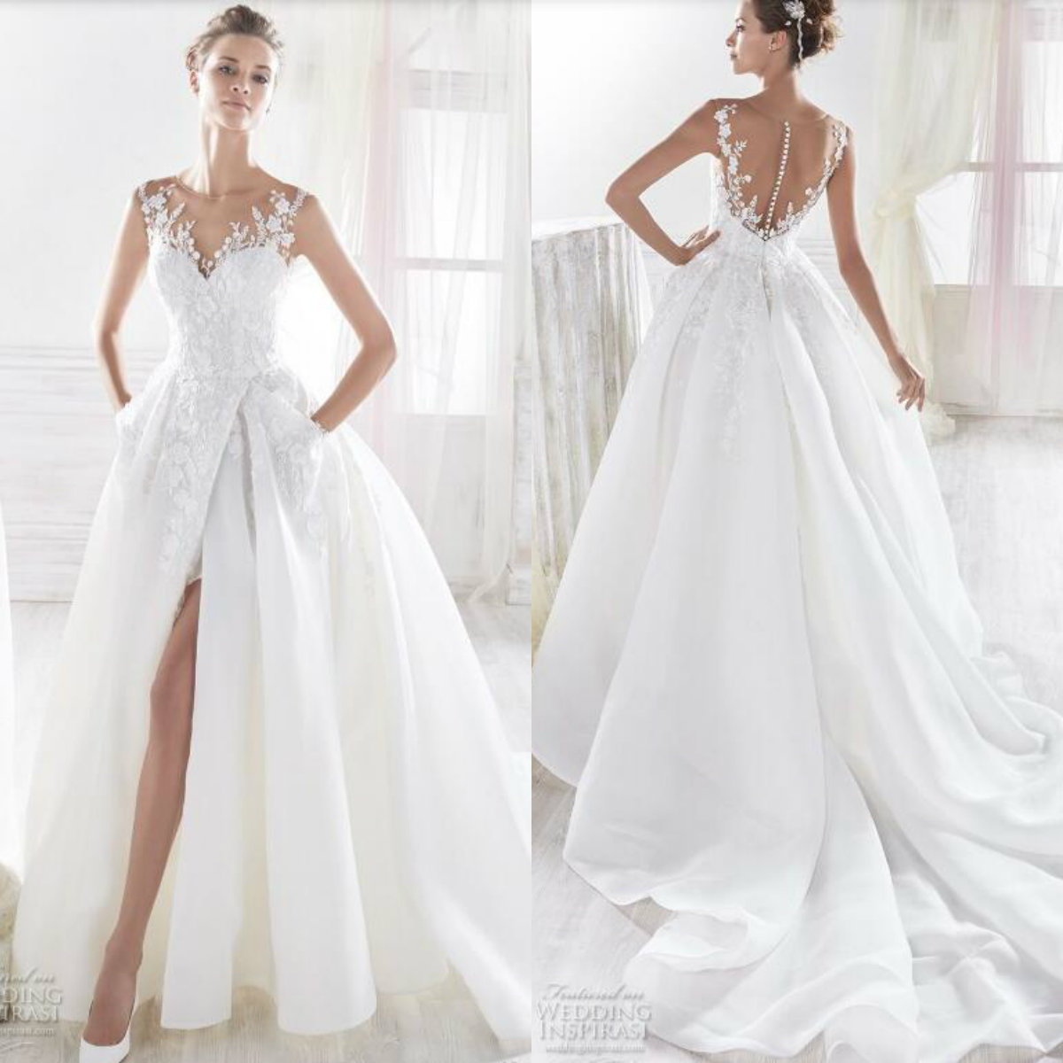 Nicole White Wedding Dress Elegant Sheer Jewel Neck Lace Applique Side Split Sweep Train Garden Bridal Gowns With Pockets