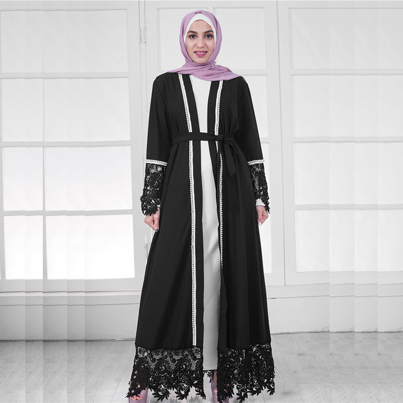 Dubai Caftan Abaya Kaftan Turkey Women Muslim Lace Pearl Dress Fashion White Robe Turkish Female Musulmane Cardigan Long dresses With Belt