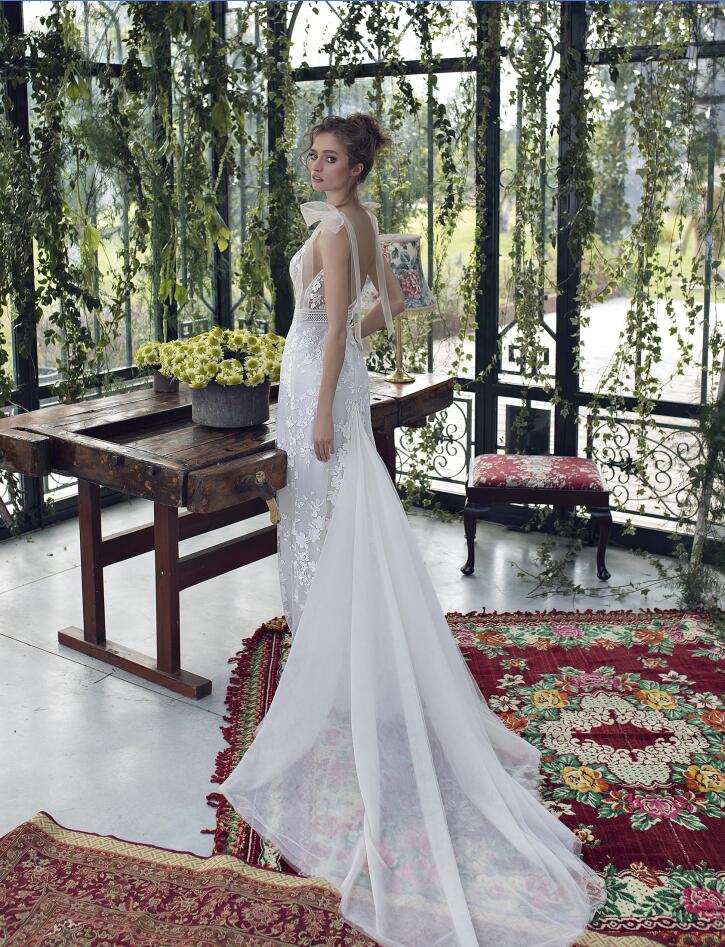 Limor Rosen Mermaid Wedding Dresses V Neck Sweep Train Strap Backless Lace Appliqued Beach Bridal Dress Plus Size Boho Wedding Gowns