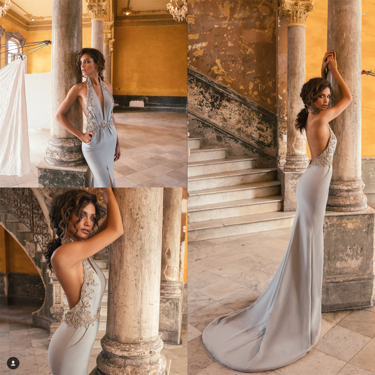 2018 Brand Custom Made Evening Dresses Halter Deep V Neck Appliqued Beads Backless Satin Front Splits Prom Dress With Pockets