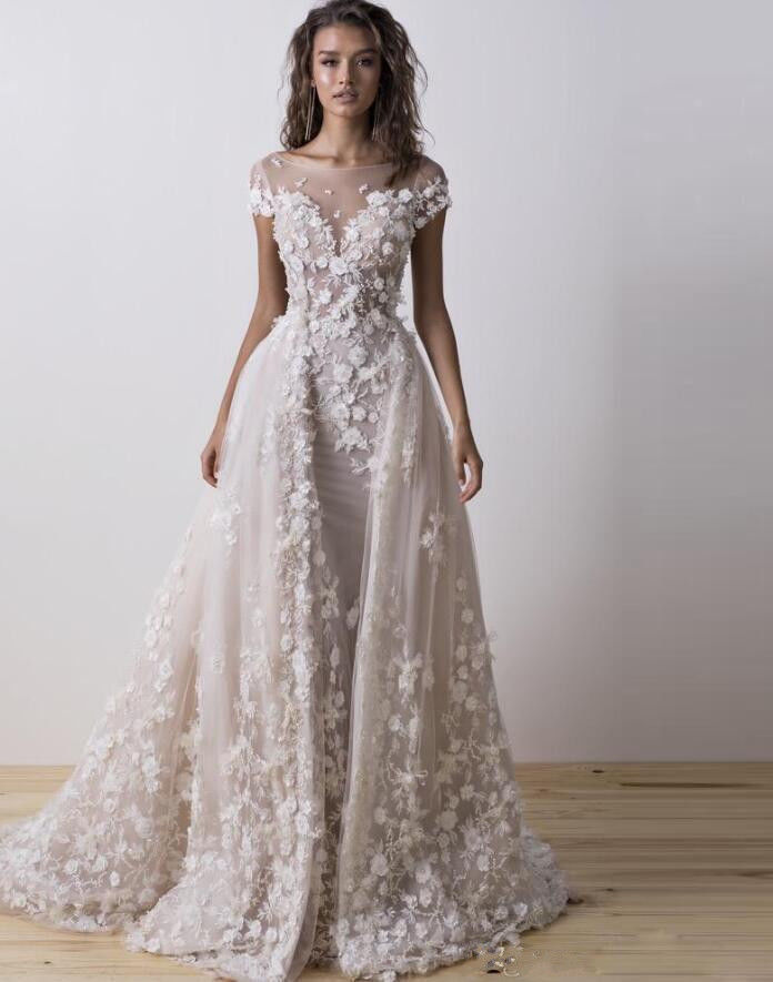 Pallas Couture 2018 Mermaid Wedding Dresses With Detachable Train Short Sleeves Boho Bridal Gowns 3D Floral Appliqued Backless Wedding Dress