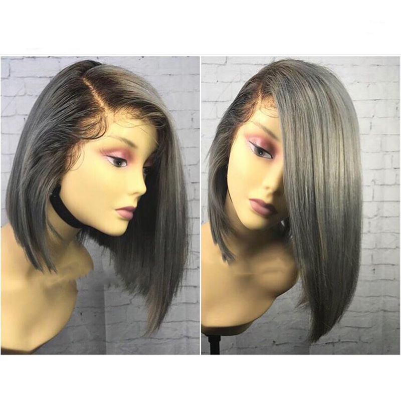 Ombre Black To Silver Grey Wig side part Bob Wig Synthetic Lace Front Wig Heat Resistant Hair Short Wigs For Women