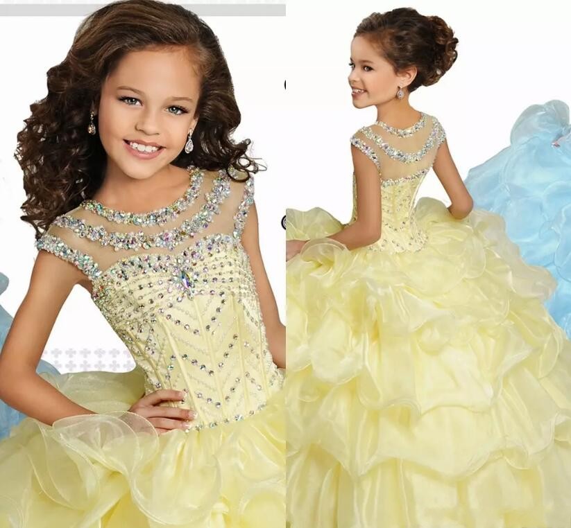 Light Yellow Princess Ball Gown Girls Pageant Gowns Cap Sleeves Crystals Beaded Ruffles Performance Dresses Kids Formal Party Gowns