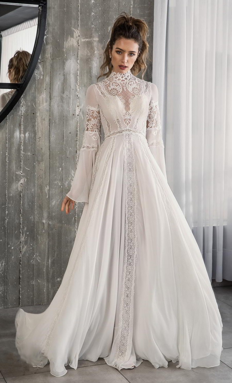Riki Dalal 2019 Beach Chiffon Wedding Dresses High Neck Long Sleeves Lace Appliqued Boho Bridal Gowns A Line Wedding Vestido de novia