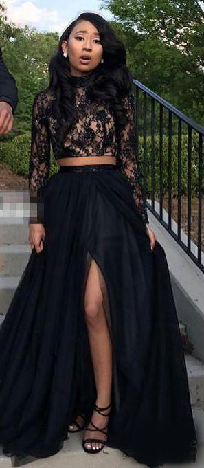 Two Piece Black Prom Dresses with Lace Long Sleeve A-Line Tulle Side Split Evening Party Gowns galajurken
