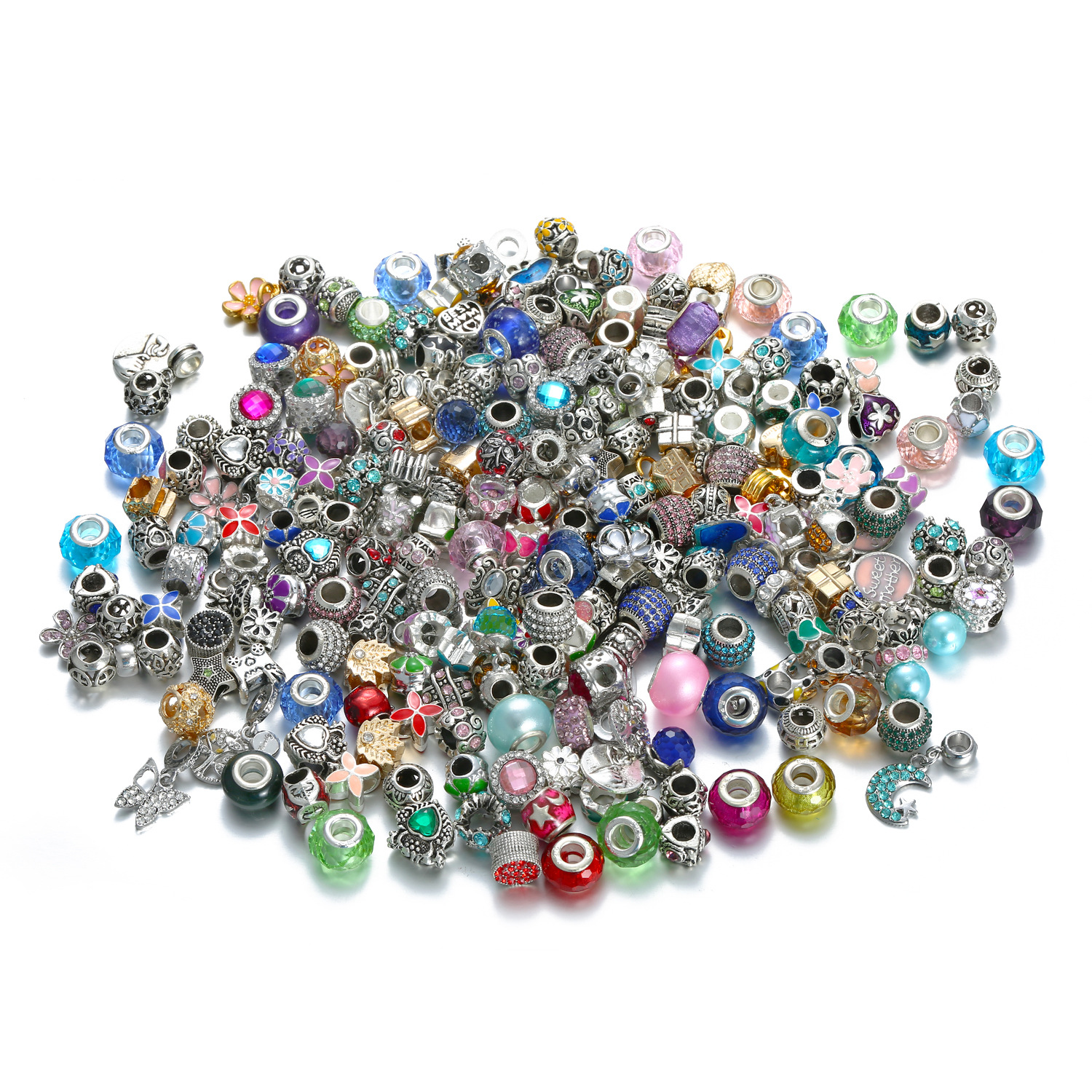50PCS Mixed Styles Wholesale Multicolor Crystal Alloy Beads Charms DIY Jewelry European Bracelets Bangles Women Girls Gifts B006