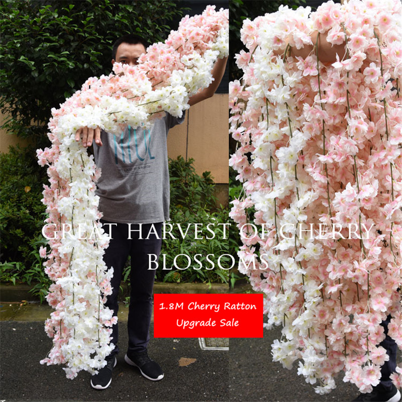 Artificial Cherry blossom Rattan Decorative DIY wedding vine silk flower upgrade new decoration for hotel background shop window decor 1.8m