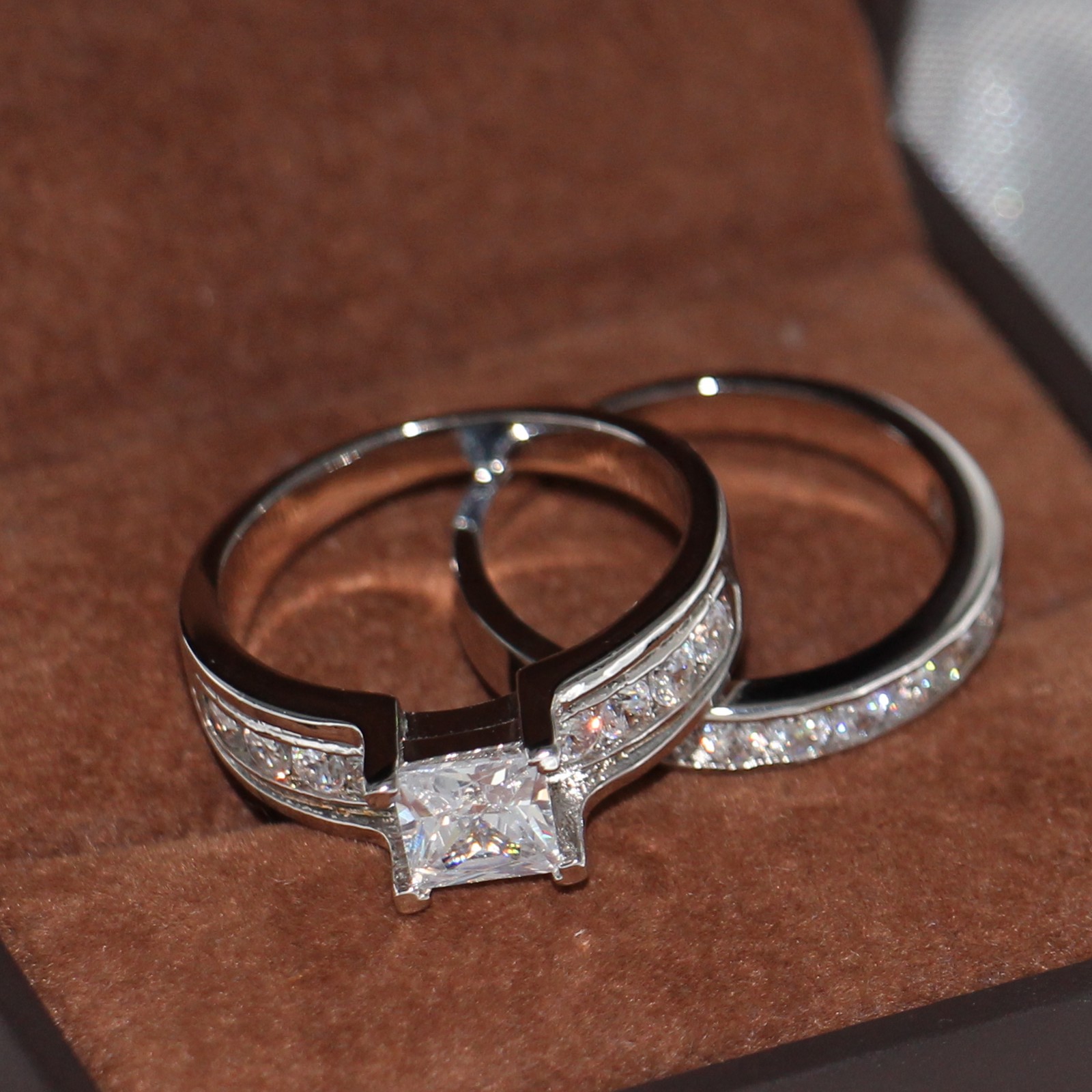 US size 5/6/7/8/9/10 Jewelry Sterg Sier filled white topaz CZ Dia Princess cut Women wedding Bridal ring Set for love gift