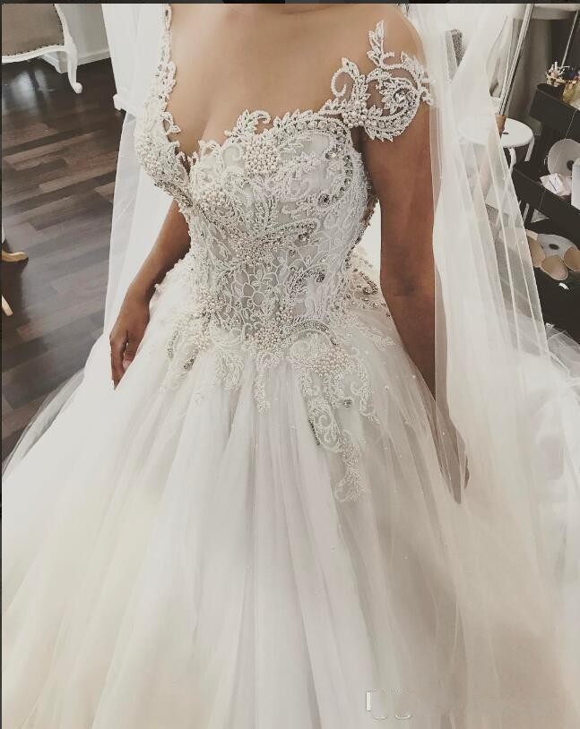 Ball Sparkly Lace Gown Dresses Applique Sheer Neck Beaded Crystals Pearls Tiered Tulle Court Train Wedding Bridal Gowns Custom s
