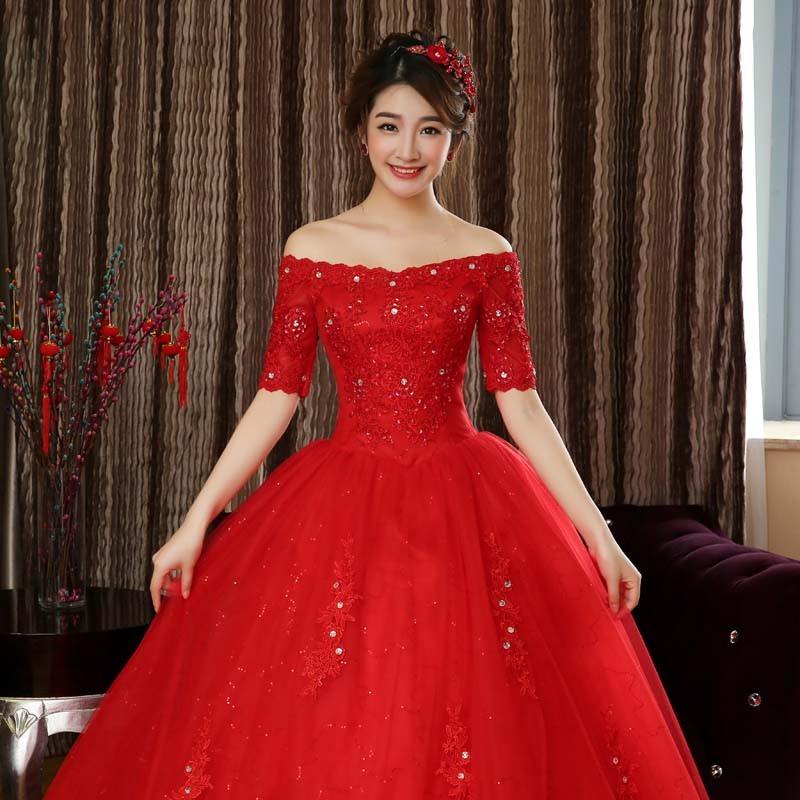 Free shipping 2018 New Desing Half Sleeves Red White Wedding Dresses Princess Lace Sex Wedding Gowns Quality Wedding Frocks