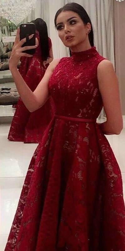 Said Mhamad High Collar Evening Dresses Red Full Lace Sequins Arabic Formal Party Prom Dress Customized Pageant Gowns