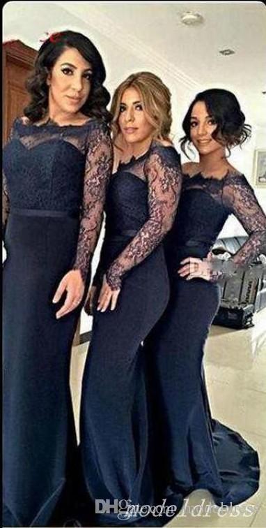 Mermaid Navy Blue Sheer Jewel Neck Long Sleeves Lace Applique Prom Dresses For Weddings Bridesmaid Gowns Vestidos