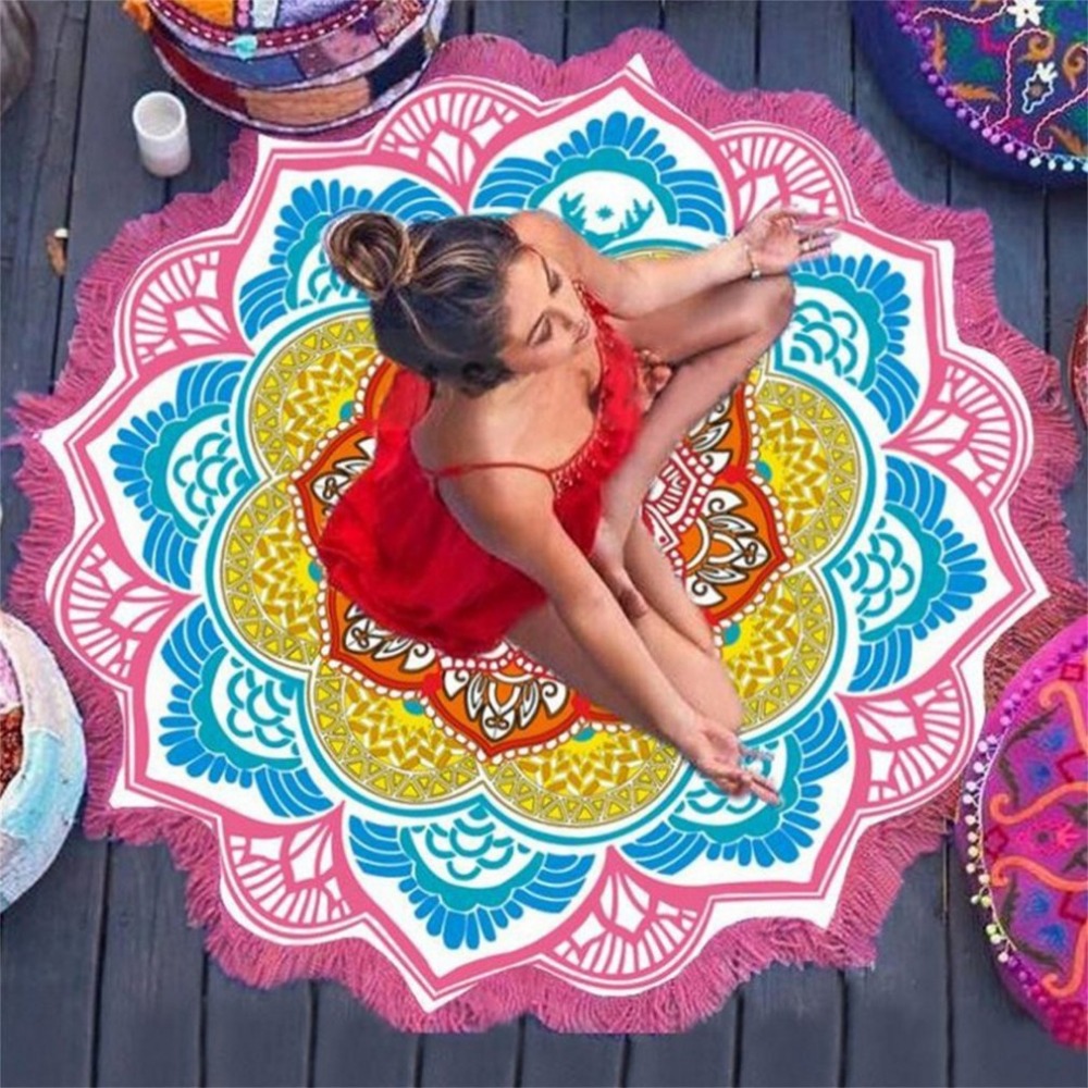 147147CM Round Yoga Mat Towel Tapestry Tassel Decor With Flowers Pattern Circular Tablecloth Beach Picnic Mat