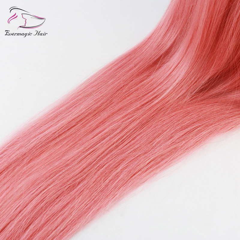 Evermagic Brazilian human hair full lace wigs light baby pink color straight silk base wig hair