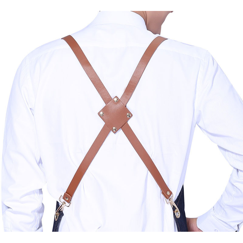 New Denim Cowboy Apron BBQ Senior Jeans baking Bib Leather Straps Kitchen apron for Women Men cooking Waitress Custom Print