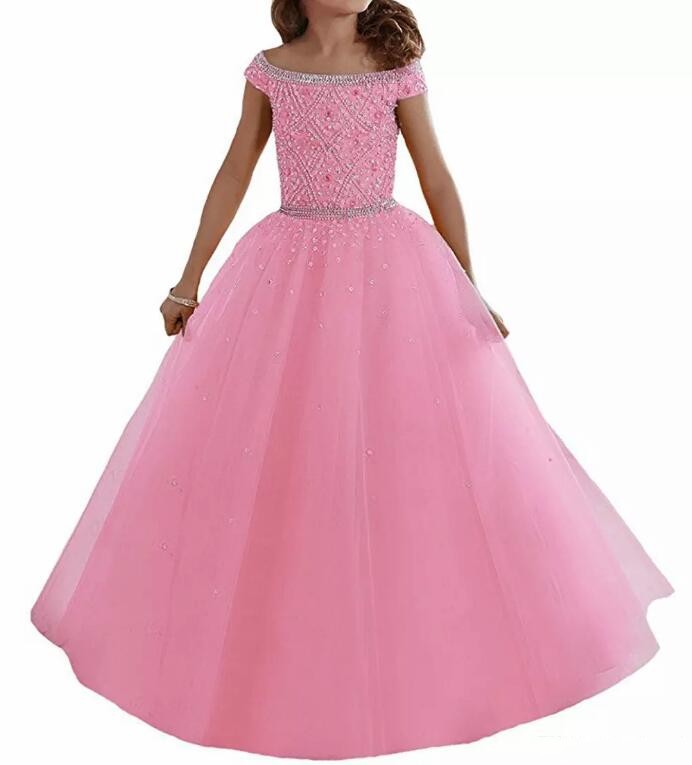 Royal Blue Off Shoulders Tulle Flower Girl Dresses Crystals Beaded Corset Back Floor Length Girls Pageant Gowns Kids Formal Party Wear