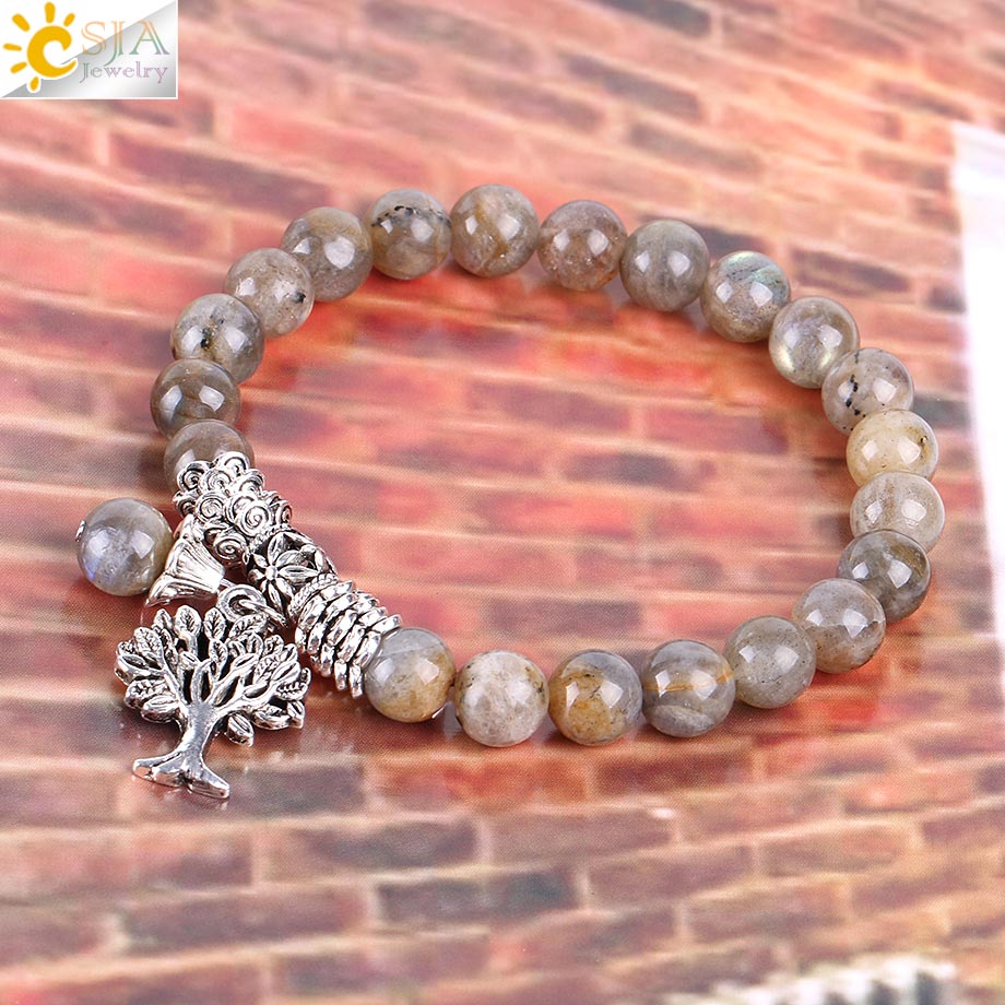 CSJA Natural Labradorite Spectrolite Women Bracelets Bangles Gemstone Mala Beads Tree of Life Charm Reiki Healing Meditation Jewel