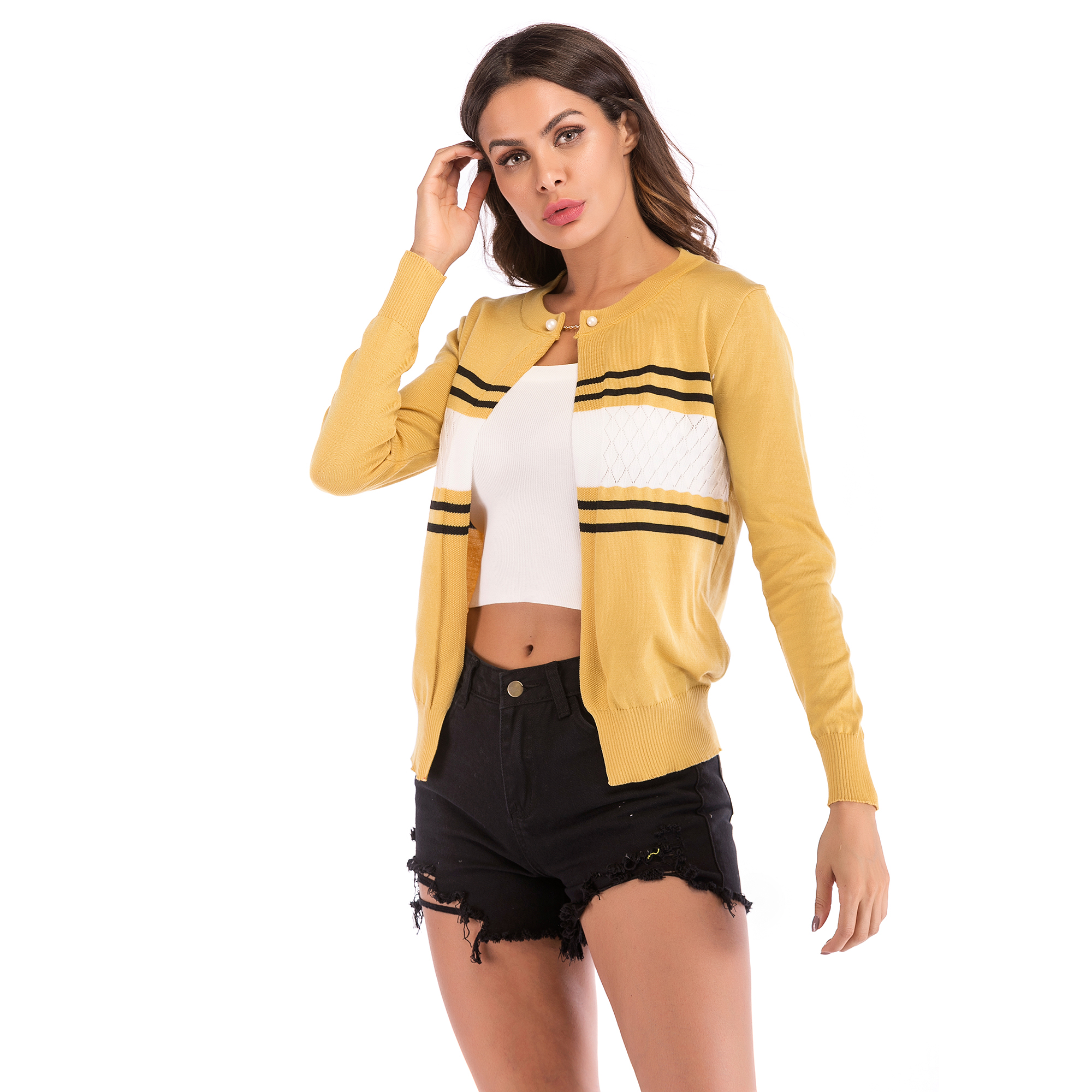 Best selling autumn new color contrast striped knit cardigan long-sleeved round neck short jacket support mixed batch
