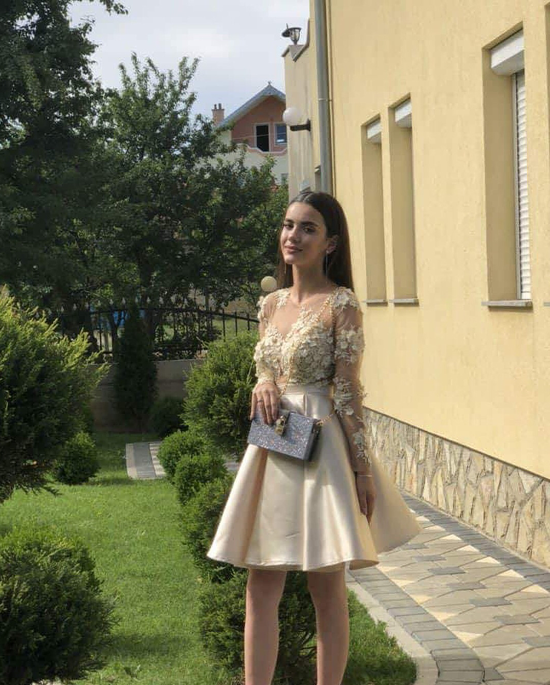 2018 Champagne Short Prom Dress Sexy Illusion Sheer Neck 3D Floral Applique Long Sleeves Guest Dress Formal Party Homecoming Dresses