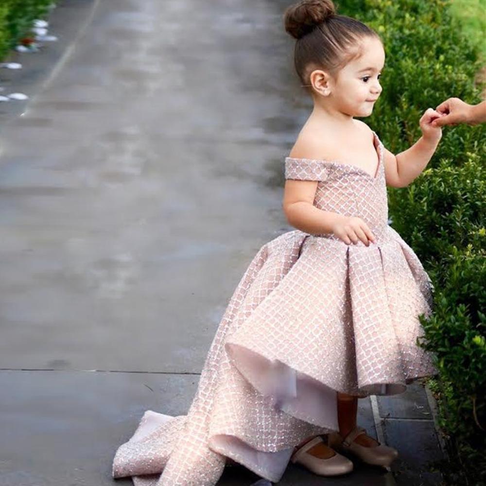 Cute Flower Girl Dresses Off The Shoulder High Low A Line Luxury Ruffle Sweep Train Girls Pageant Dresses Birthday Party Wear Custom Made