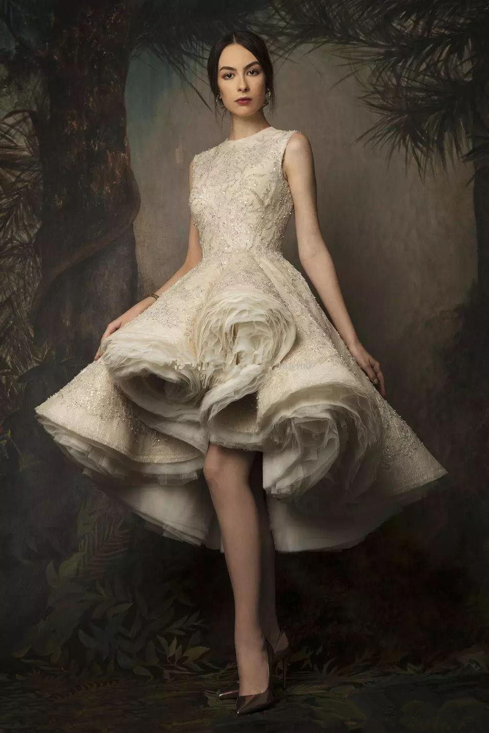 Krikor Jabotian High Low Prom Dresses 2019 Jewel Neck Lace Sequined Evening Gowns Sexy Women Formal Cocktail Dress