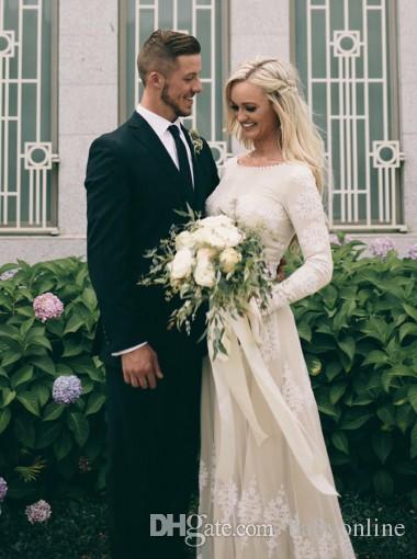 Beach A Newest Line Dresses Country Style Scoop Lace Applique Long Sleeves Sweep Train Bridal Gowns Wedding Dress Vestidos De Novia Pplique