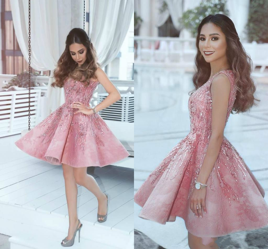 Sexy Pink V-Neck Beading Applique Arabic Homecoming Dresses Crystal African Knee Length Short Prom Dress Tail Graduation Party Club Wear 0220
