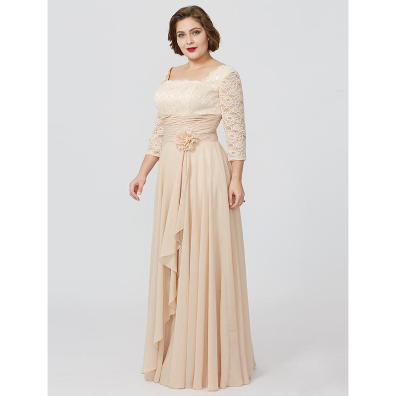 Elegant Champagne Lace Mother Of The Bride Dresses Plus Size Evening Gowns A Line 3/4 Long Sleeve Wedding Guest Dress