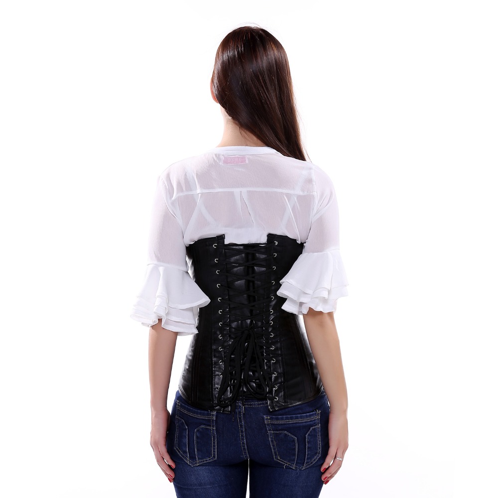 Women Steampunk Faux Leather Underbust Corset Black Double Steel Bone Waist Corsets and Bustiers