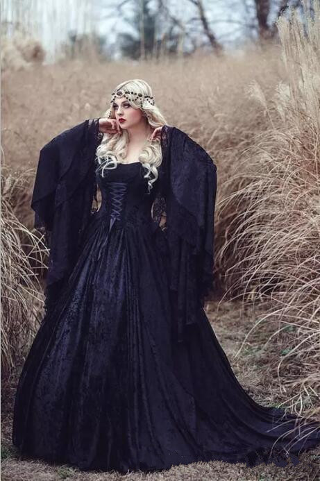 Retro 2019 Black Gothic Wedding Dresses Off The Shoulder A Line Bell Long Sleeves Full Lace Medieval Corset Bridal Gowns