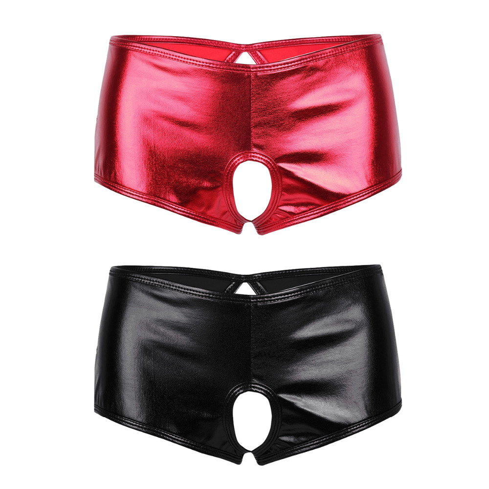 iEFiEL Lingerie Women Lingerie Wetlook Open Butt Faux Leather Crotchless Bikini Brief Underwear Underpant Sexy With Hole Panties