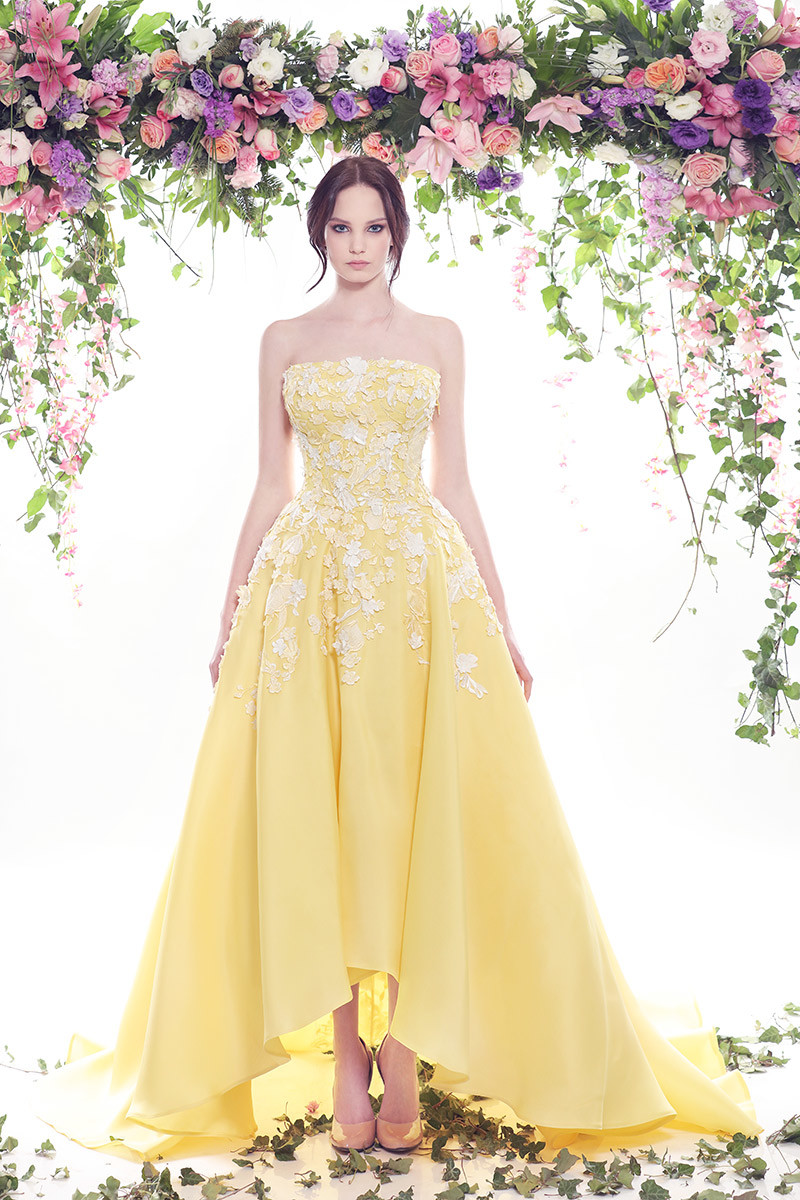 Yellow Prom Dresses Strapless Lace Appliques High Low Satin Ruffle Elegant Evening Dress Party Wear Custom Made vestidos de quinceañera