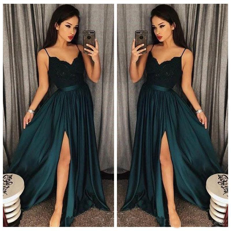 Arabic Dark Green Dresses Evening Wear 2018 Spaghetti Straps Lace Appliques Side Split A Line Formal Prom Party Dress Pageant Gowns