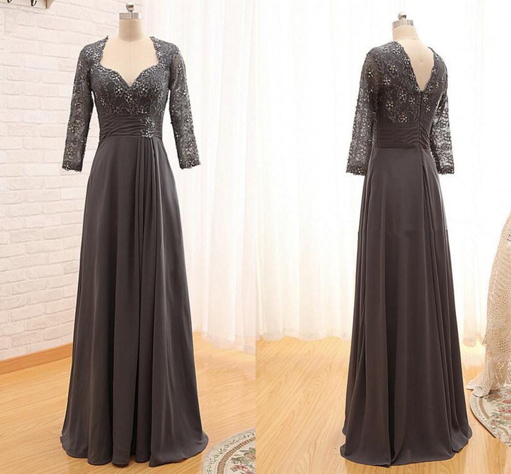 Fashion Gray Mother of the Bride Groom Dresses Plus size V Backless Lace Illusion 3/4 Long Sleeves Cheap Evening Formal Gowns 2018
Fashion Gray Mother of the Bride Groom Dresses Plus size V Backless Lace Illusion 3/4 Long Sleeves Cheap Evening Formal Gowns 2018