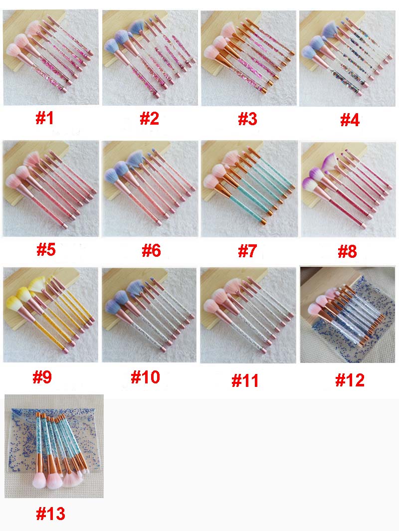 Professional Makeup brushes 7pcs set crystal liquid quicksand handle / crystal diamond handle makeup tools with PVC bag drop shipping